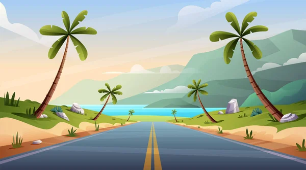 ビーチロードの風景イラスト ヤシの木の漫画のベクトルの背景を通ってまっすぐ高速道路 — ストックベクタ