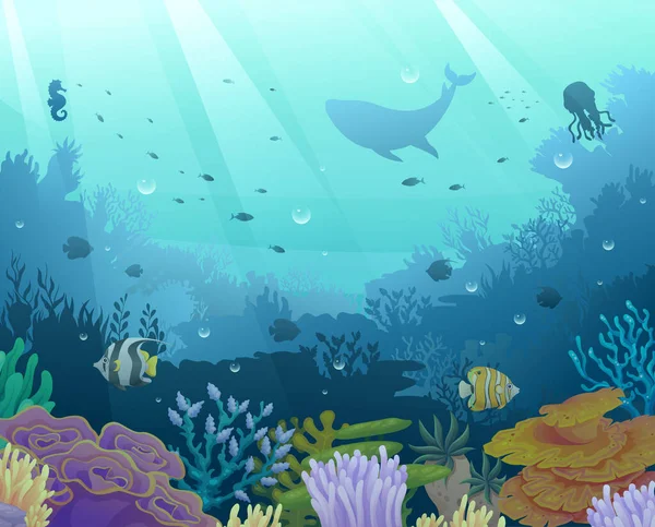 Podvodní Ilustrace Mořského Života Podmořský Svět Mořskými Živočichy Oceánu Korálové — Stockový vektor