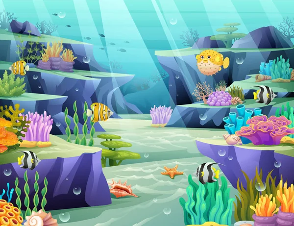 Υποθαλάσσιος Ωκεανός Κόσμο Εικονογράφηση Κινουμένων Σχεδίων Υποβρύχια Ζωή Ψάρια Και — Διανυσματικό Αρχείο