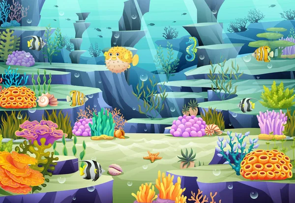 Undervattenslevande Illustration Undervattensvärld Med Havsdjur Korallrev Och Snäckskal Tecknad Stil — Stock vektor