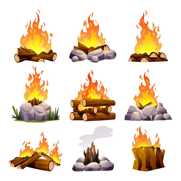 Collection Campfire Different Types Bonfire Set Cartoon Style — Stock Vector