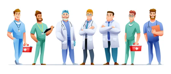 Conjunto Médicos Médicos Médicos Enfermeiros Personagens Estilo Cartoon —  Vetores de Stock
