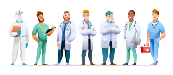 Conjunto Médicos Homens Médico Enfermeira Personagens Desenhos Animados — Vetor de Stock