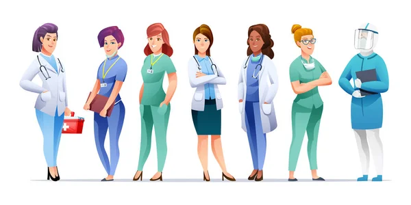 Conjunto Mulheres Médicas Médico Enfermeira Personagens Desenhos Animados —  Vetores de Stock