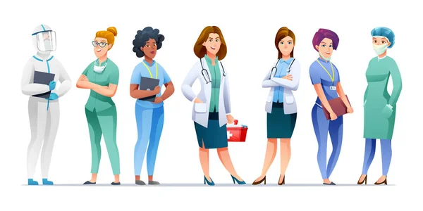 Médical Femme Médecin Infirmière Jeu Caractères Dessin Animé — Image vectorielle