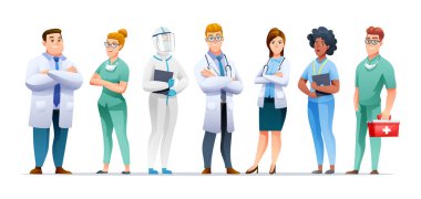 Tıp doktorları ve hemşireler çizgi film karakteri koleksiyonu