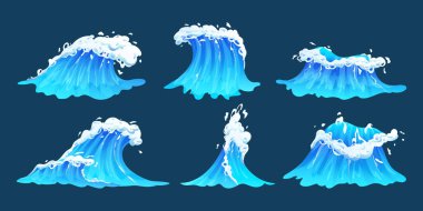 Cartoon sea waves collection. Set of blue ocean waves with white foam vector illustration clipart