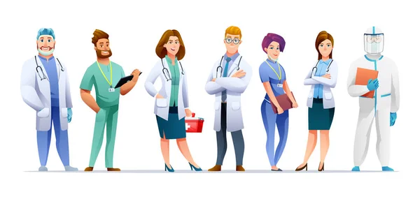 一组医生和护士卡通人物在白色背景下被隔离 — 图库矢量图片