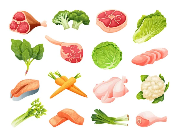 Vektorkészlet Húsok Zöldségek Rajzfilm Stílusban Egészséges Élelmiszer Illusztráció — Stock Vector
