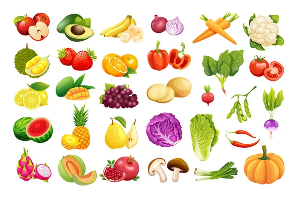 Zestaw Świeżych Owoców Warzyw Wektor Ilustracji — Wektor stockowy