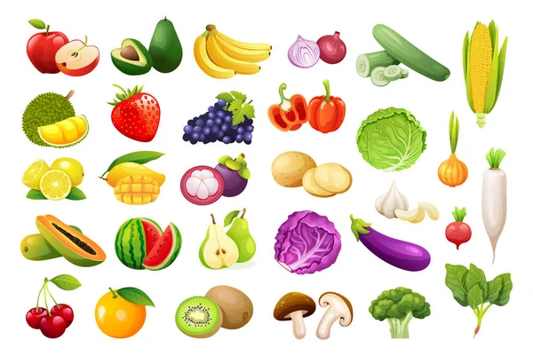 Vector Set Fruits Vegetables Cartoon Style Healthy Food Illustration — Stock Vector