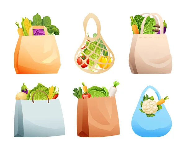 Set Recyclable Bags Vegetables Vector Illustration Reusable Bags Fresh Healthy — Stock Vector