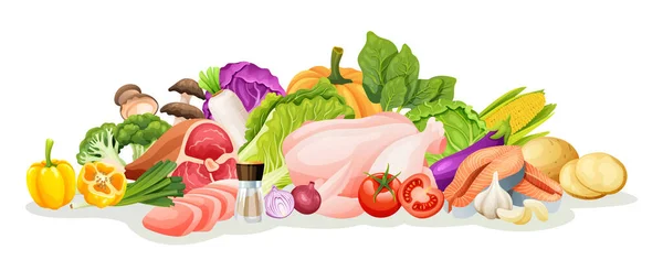 肉や野菜のイラストのセット 健康食品ベクトル漫画 — ストックベクタ