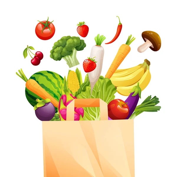 リサイクル可能なバッグベクトルイラストと果物や野菜のセット — ストックベクタ