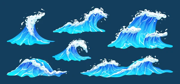 stock vector Sea waves vector illustration set. Collection of blue ocean waves with white foam in cartoon style