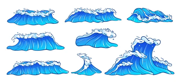 Cartoon Oceaangolven Ondergaan Verzameling Van Blauwe Zee Golven Met Wit — Stockvector