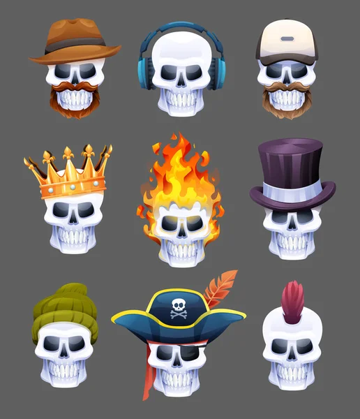 Collection Skull Heads Various Characters Skulls Cartoon Illustration — Stock Vector