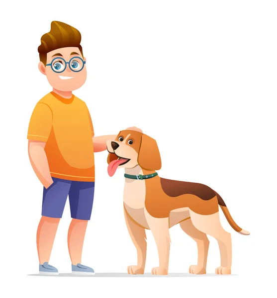 Pojke Med Sin Beagle Hund Tecknad Illustration — Stock vektor