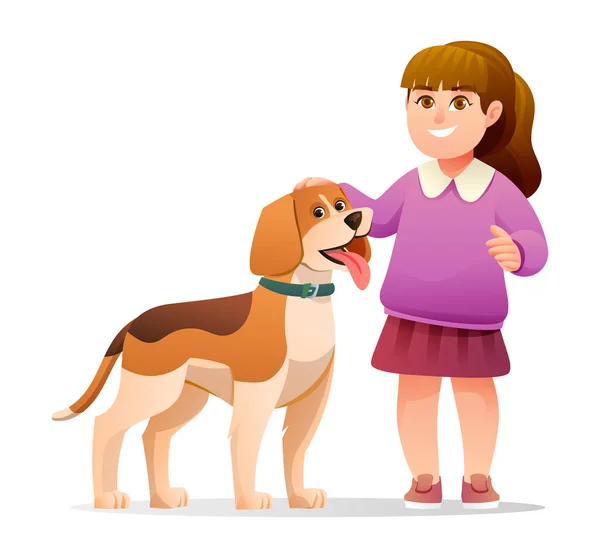 Flicka Med Sin Beagle Hund Tecknad Illustration — Stock vektor