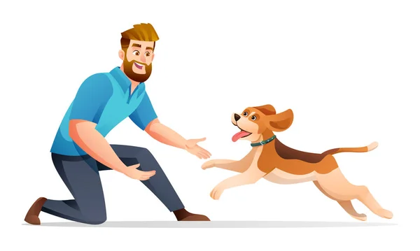 男は彼の最愛の犬の漫画のイラストで遊ぶ — ストックベクタ