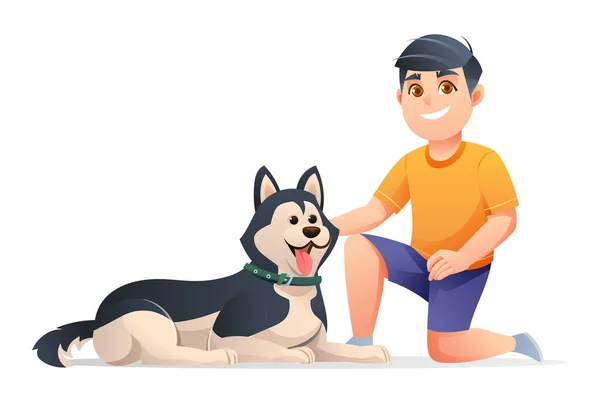 Pojke Med Sin Husky Hund Tecknad Karaktär Illustration — Stock vektor