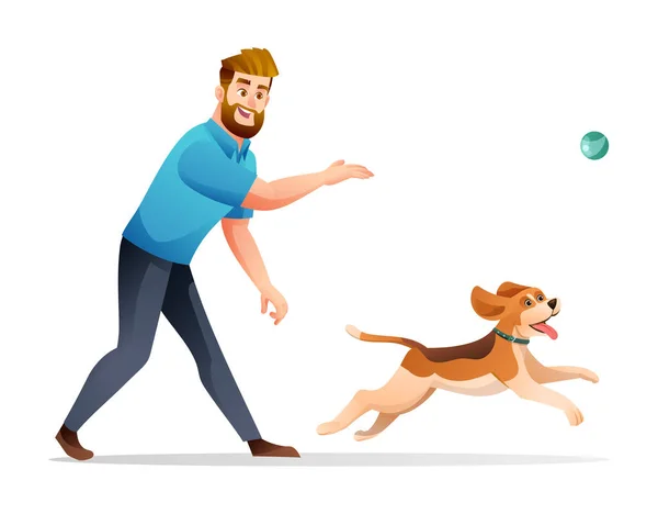 Glada Man Leker Med Sin Hund Tecknad Illustration — Stock vektor