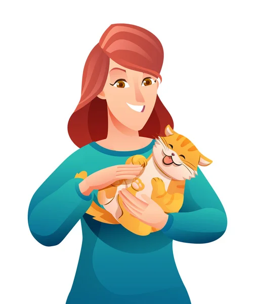 Porträtt Kvinna Med Sin Katt Tecknad Karaktär Illustration — Stock vektor