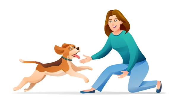 Kvinna Leker Med Sin Älskade Hund Tecknad Illustration — Stock vektor
