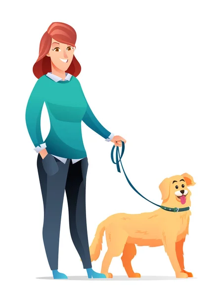 Kvinna Med Sin Älskade Hund Tecknad Illustration — Stock vektor