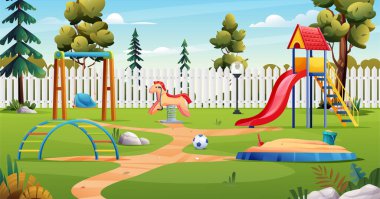Kaydırak, salıncak, kum havuzu ve oyuncak karikatür manzaralı çocuk parkı
