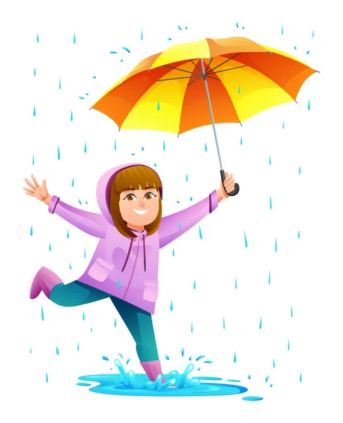 stock vector Cheerful girl with umbrella playing puddle in the rain cartoon illustration