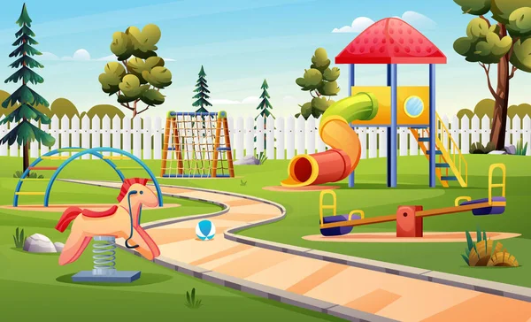 Elementos de juegos para niños, equipo de juegos para niños en el parque.  tobogán de dibujos animados, columpio, trampolín, caballo, juego para el  conjunto de vectores de jardín de infantes al aire