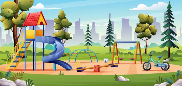 Paysage Aire Jeux Pour Enfants Avec Illustration Toboggan Balançoire Vélo — Image vectorielle