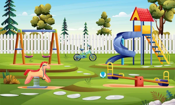 Jardín Infancia Parque Infantil Con Diapositiva Columpio Bicicleta Balancín Ilustración — Vector de stock