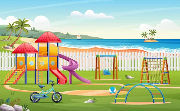 Dětské Hřiště Výhledem Pláž Kreslené Krajiny Ilustrace — Stockový vektor