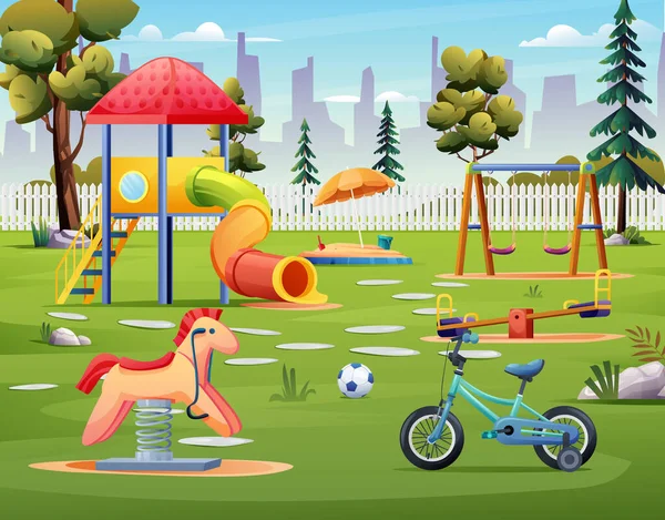 チューブスライド スイング 自転車や漫画のイラストを見た子供たちの遊び場 — ストックベクタ
