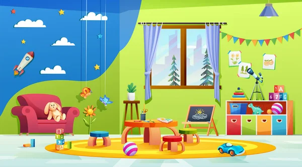 Moderne Kinderen Speelkamer Interieur Kleuterklas Met Meubels Briefpapier Speelgoed Cartoon — Stockvector