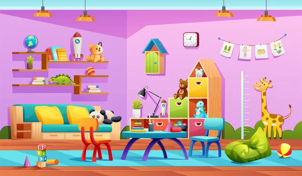 ゲームや教育のための家具や機器と幼稚園の部屋のインテリア漫画のイラスト — ストックベクタ