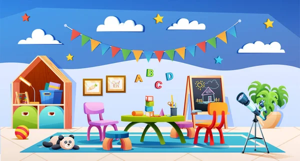 Παιδικό Playroom Εσωτερικό Έπιπλα Και Εξοπλισμό Για Παιχνίδια Και Εκπαίδευση — Διανυσματικό Αρχείο