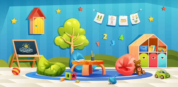 幼稚園プレイルームのインテリア おもちゃや家具ベクトル漫画と保育室 — ストックベクタ