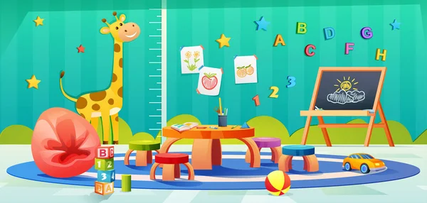 儿童游戏室 为儿童提供家具和玩具 幼稚园课堂室内设计卡通片 — 图库矢量图片