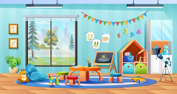 Kinderzimmer Mit Möbeln Und Spielzeug Vektor Cartoon Illustration — Stockvektor