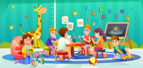 Kinder Spielen Gemeinsam Kinderzimmer — Stockvektor