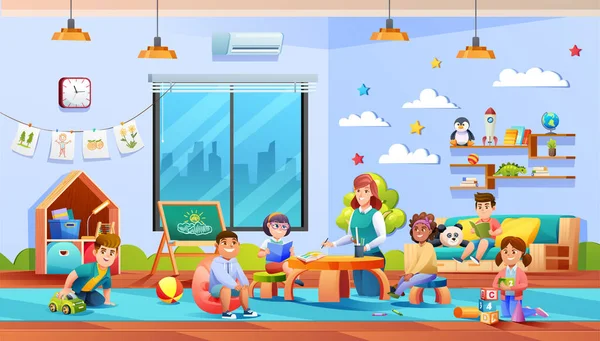 Vorschulkinder Machen Cartoon Kindergartenzimmer Mit Lehrer Und Schülerillustration — Stockvektor