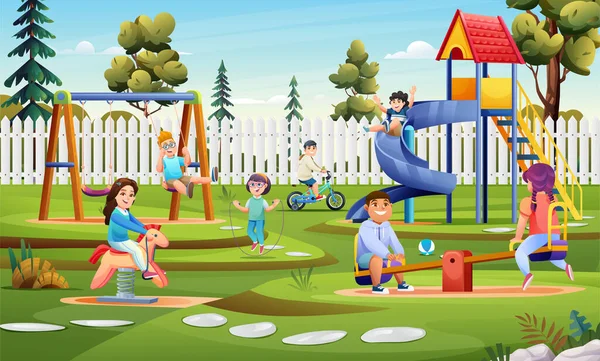 Kinder Spielen Auf Spielplatz Mit Rutsche Schaukel Fahrrad Und Wippe — Stockvektor