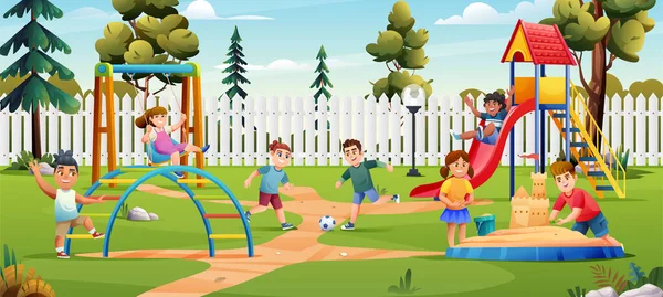 スライド スイング ボール サンドボックスの漫画のイラストと遊び場で一緒に遊んでいる子供たち — ストックベクタ