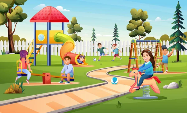Χαρούμενα Παιδιά Που Παίζουν Στην Παιδική Χαρά Εικονογράφηση Κινουμένων Σχεδίων — Διανυσματικό Αρχείο