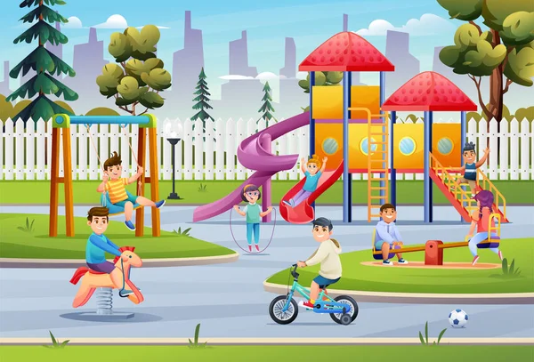 Crianças Brincando Playground Com Slide Balanço Bicicleta Desenho Animado Seesaw — Vetor de Stock