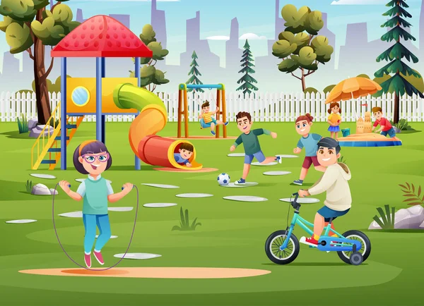 Fröhliche Kinder Spielen Auf Spielplatz Mit Ball Schaukel Fahrrad Und — Stockvektor