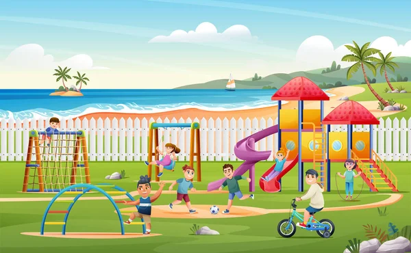 スライド スイング ボール ロープ漫画のイラストで遊び場で遊んでいる陽気な子供たち — ストックベクタ